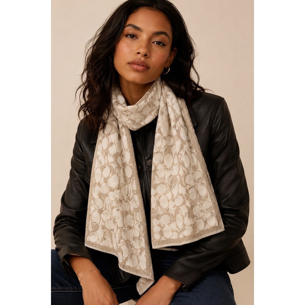 Coach Metallic Signature C Logo Knit Scarf Ivory Gold Wool Blend - Picture 1 of 5